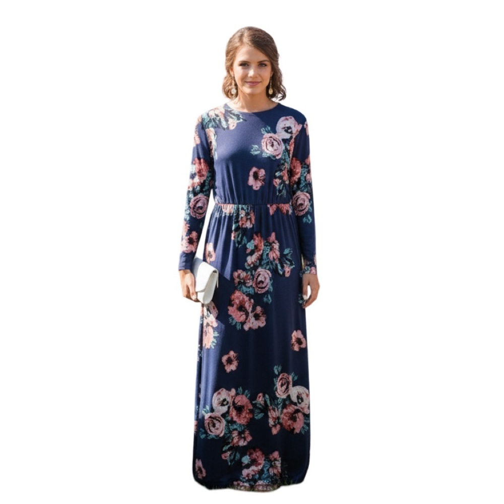 XL Navy Floral Maxi Dress | Romantic Boho Cottagecore | 3/4 Sleeve Slit Detail
